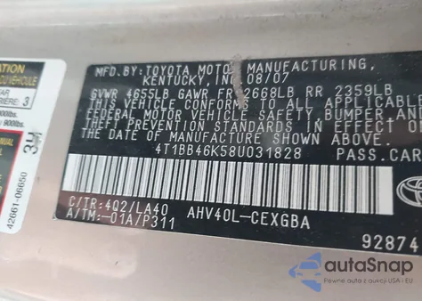 2008 Toyota Camry Hybrid из США, поврежденный, VIN 4T1BB46K58U031828